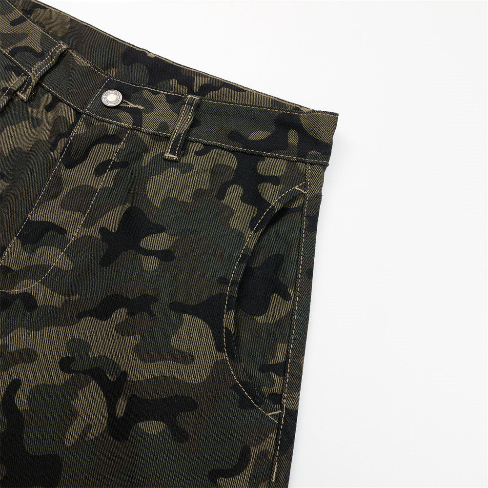 Dark Green Camouflage Wide-Leg Pants