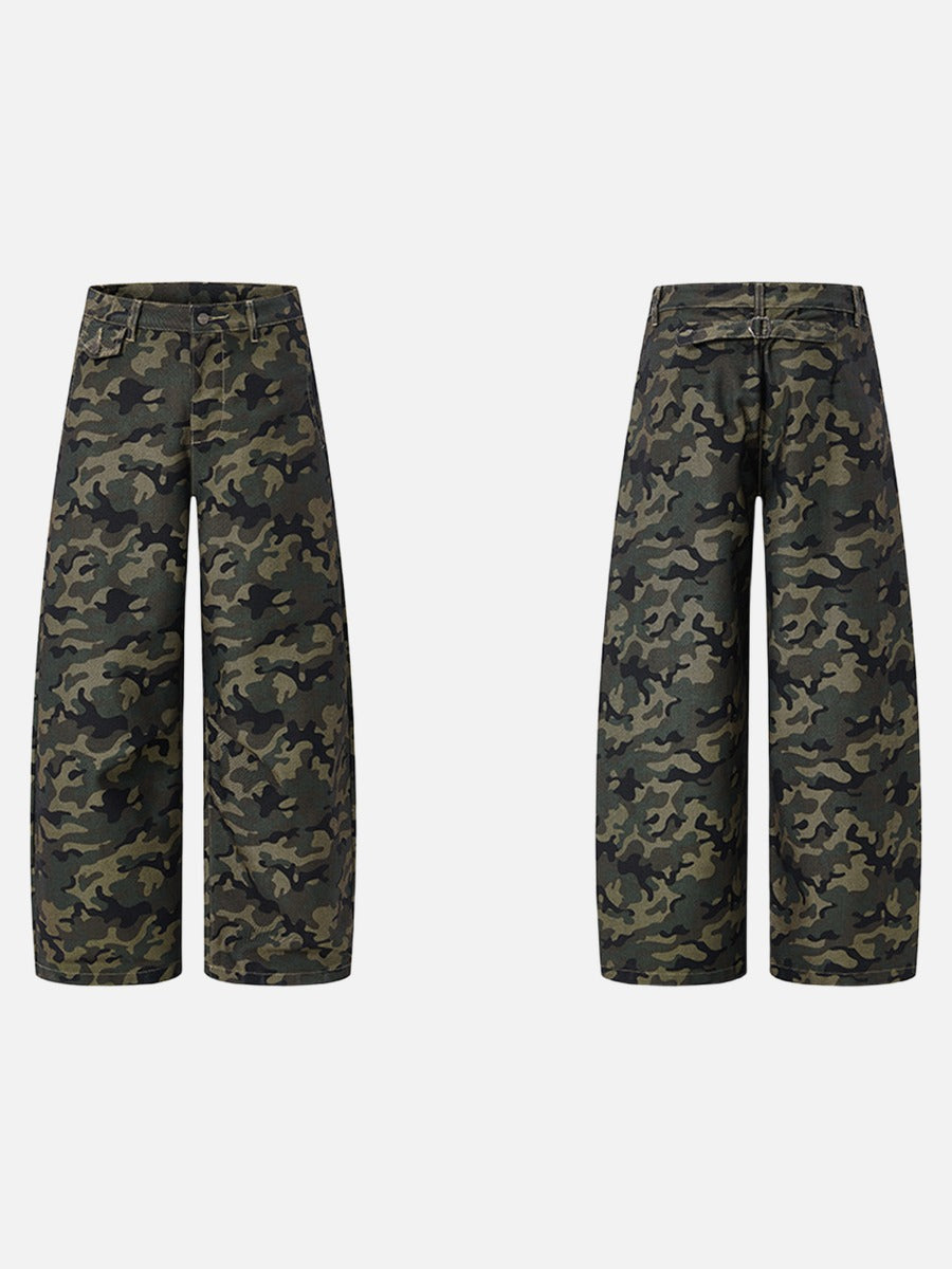 Dark Green Camouflage Wide-Leg Pants