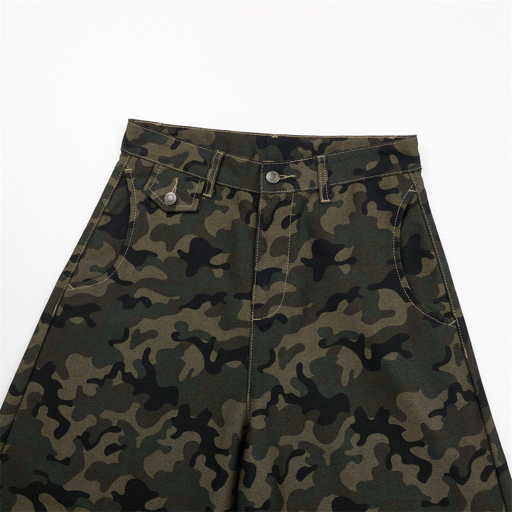 Dark Green Camouflage Wide-Leg Pants