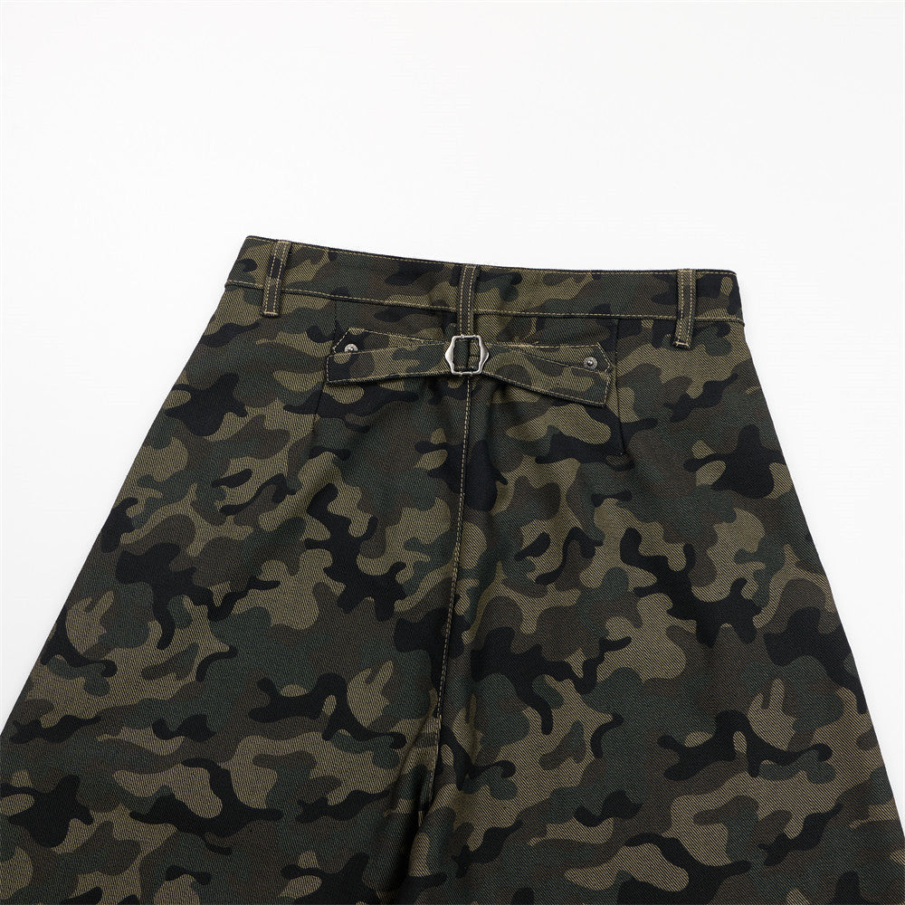 Dark Green Camouflage Wide-Leg Pants