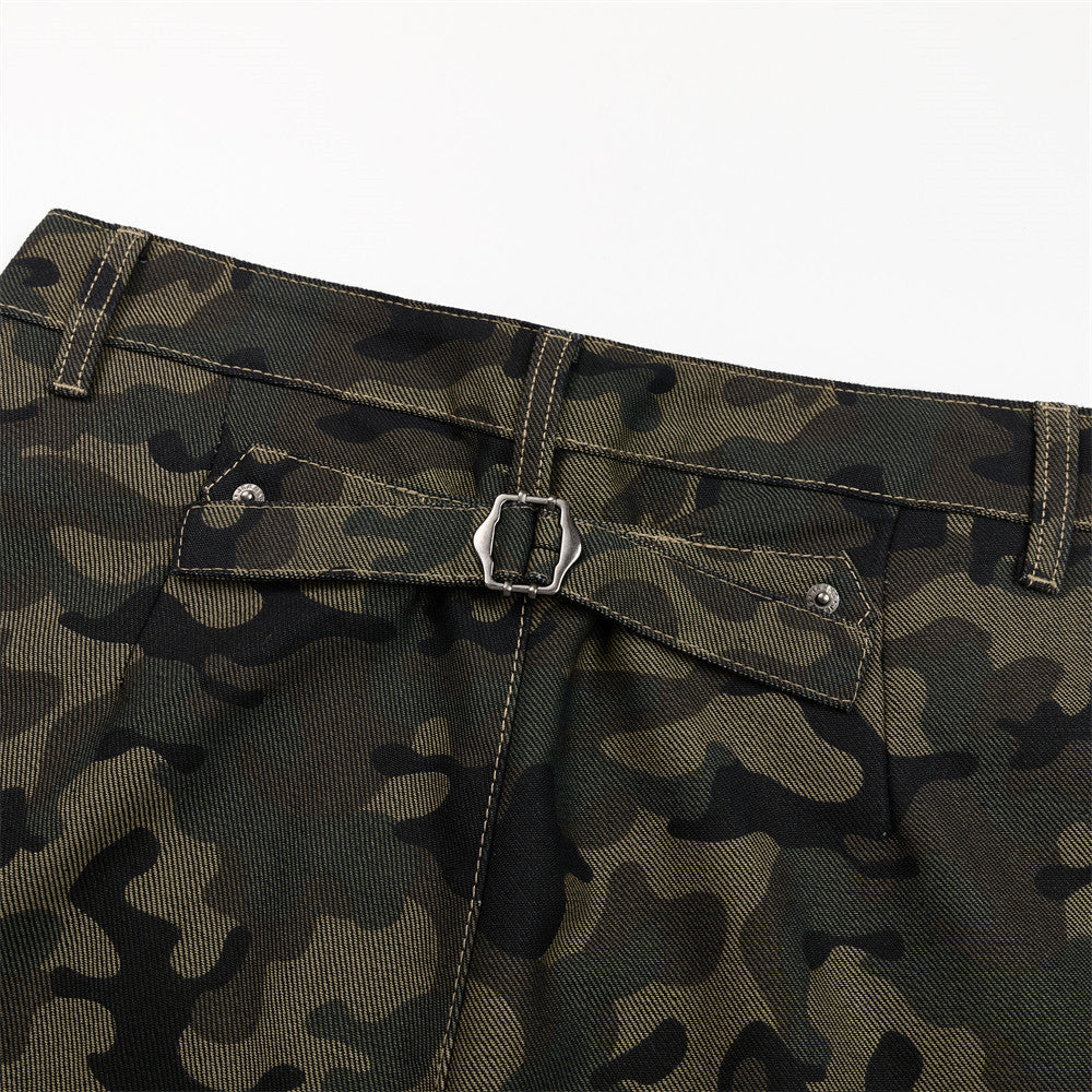 Dark Green Camouflage Wide-Leg Pants