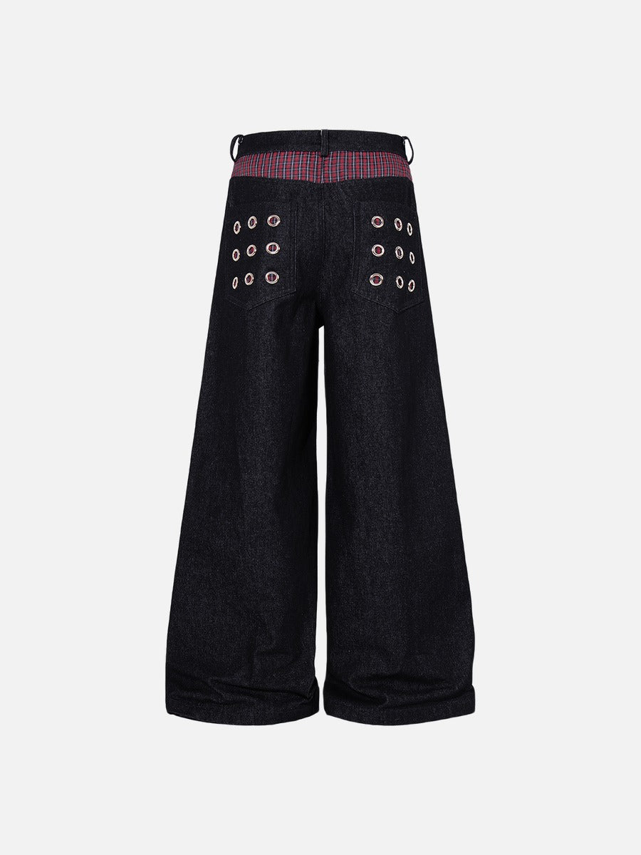 DAXUEN dark indigo wide-leg denim pants with plaid detail