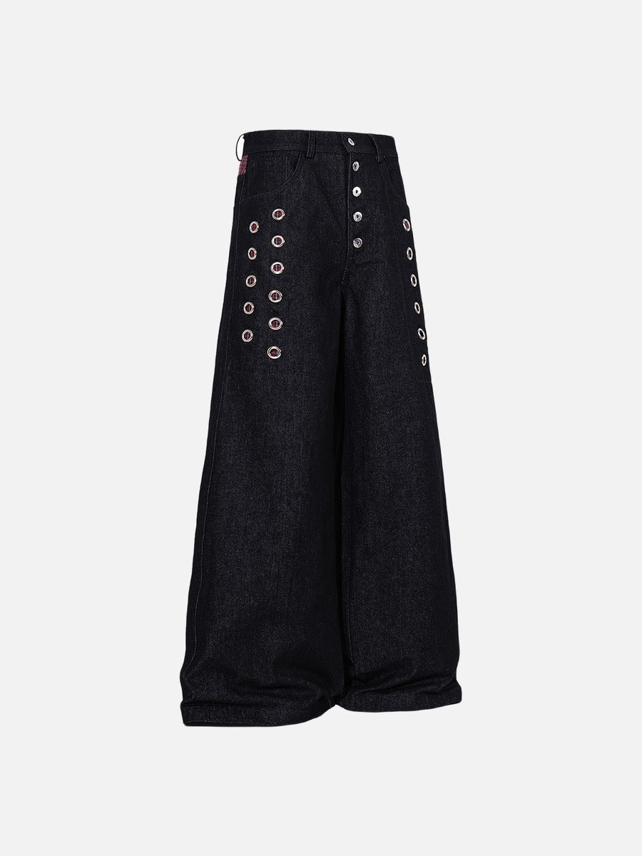 DAXUEN dark indigo wide-leg denim pants with plaid detail