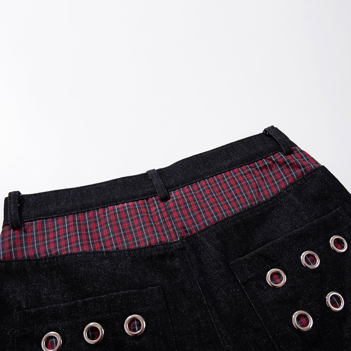 DAXUEN dark indigo wide-leg denim pants with plaid detail