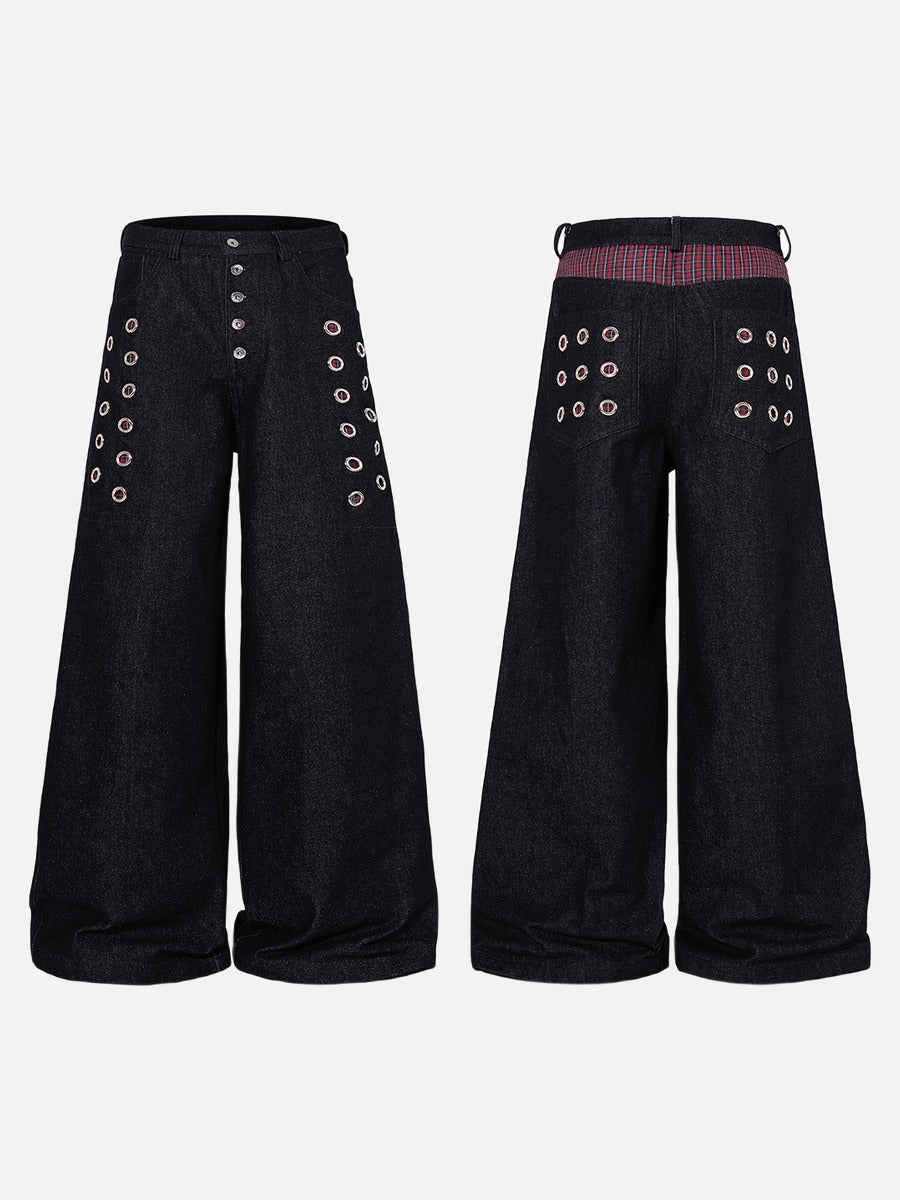 DAXUEN dark indigo wide-leg denim pants with plaid detail