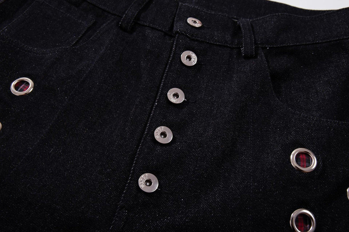 DAXUEN dark indigo wide-leg denim pants with plaid detail