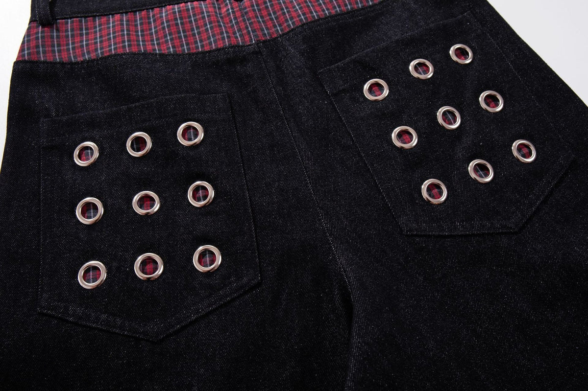 DAXUEN dark indigo wide-leg denim pants with plaid detail