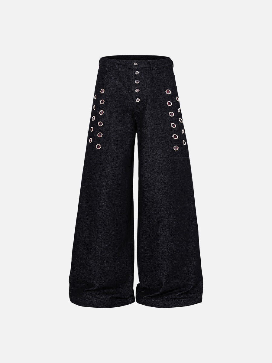 DAXUEN dark indigo wide-leg denim pants with plaid detail