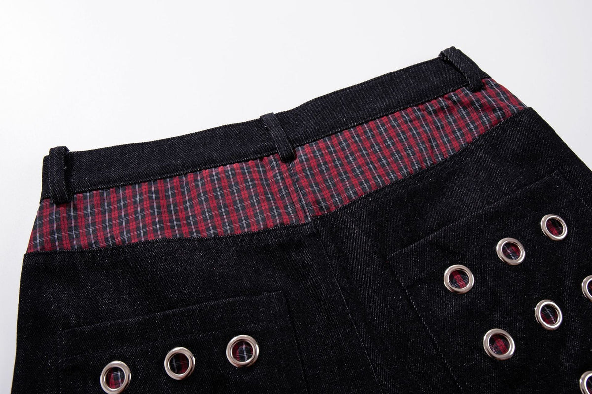 DAXUEN dark indigo wide-leg denim pants with plaid detail