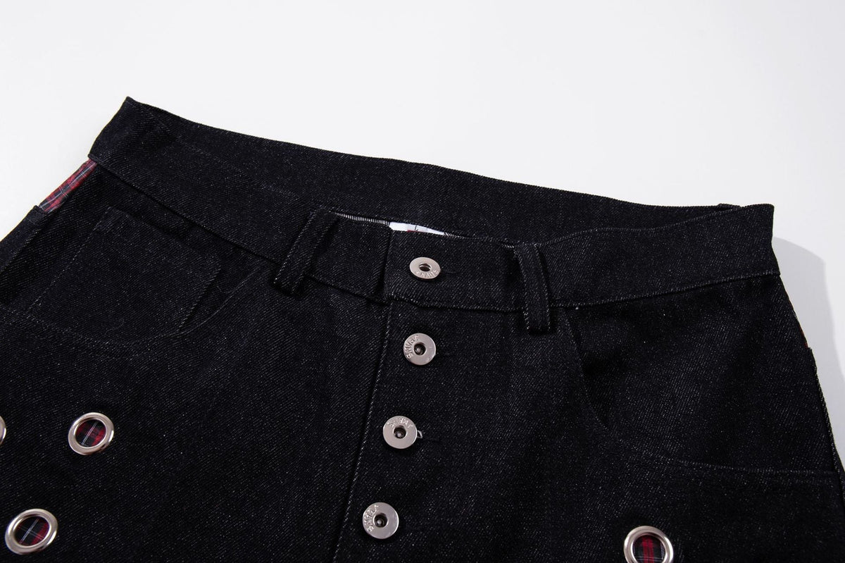DAXUEN dark indigo wide-leg denim pants with plaid detail