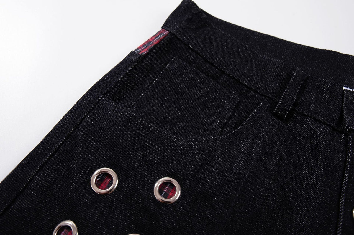 DAXUEN dark indigo wide-leg denim pants with plaid detail