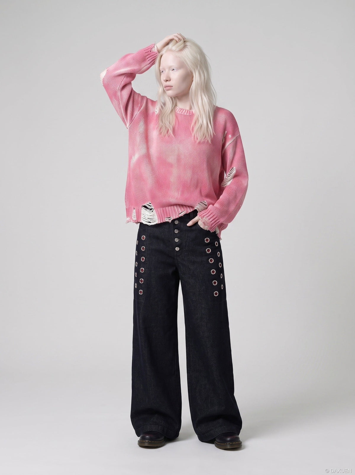DAXUEN dark indigo wide-leg denim pants with plaid detail — model photo