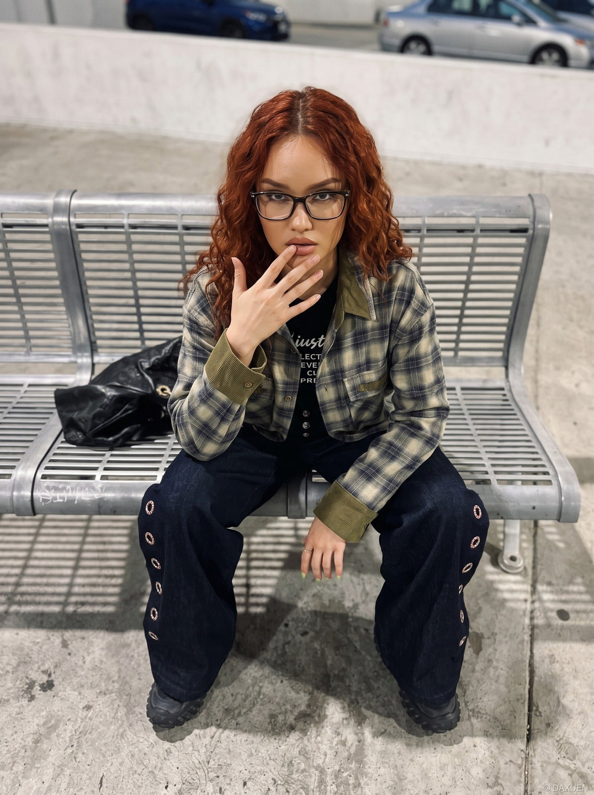 DAXUEN dark indigo wide-leg denim pants with plaid detail — model photo
