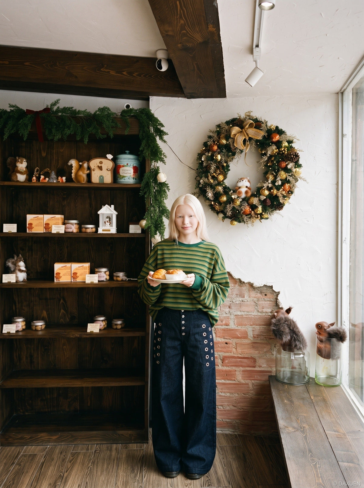 DAXUEN dark indigo wide-leg denim pants with plaid detail — model photo