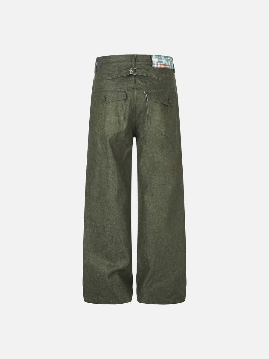 DAXUEN dark olive wide-leg trousers with plaid pockets
