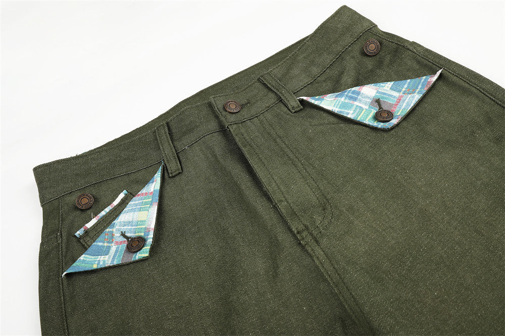 DAXUEN dark olive wide-leg trousers with plaid pockets