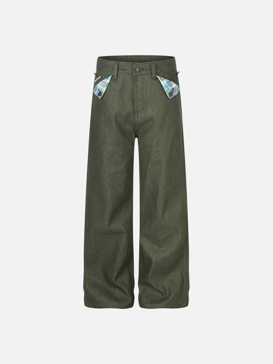 DAXUEN dark olive wide-leg trousers with plaid pockets