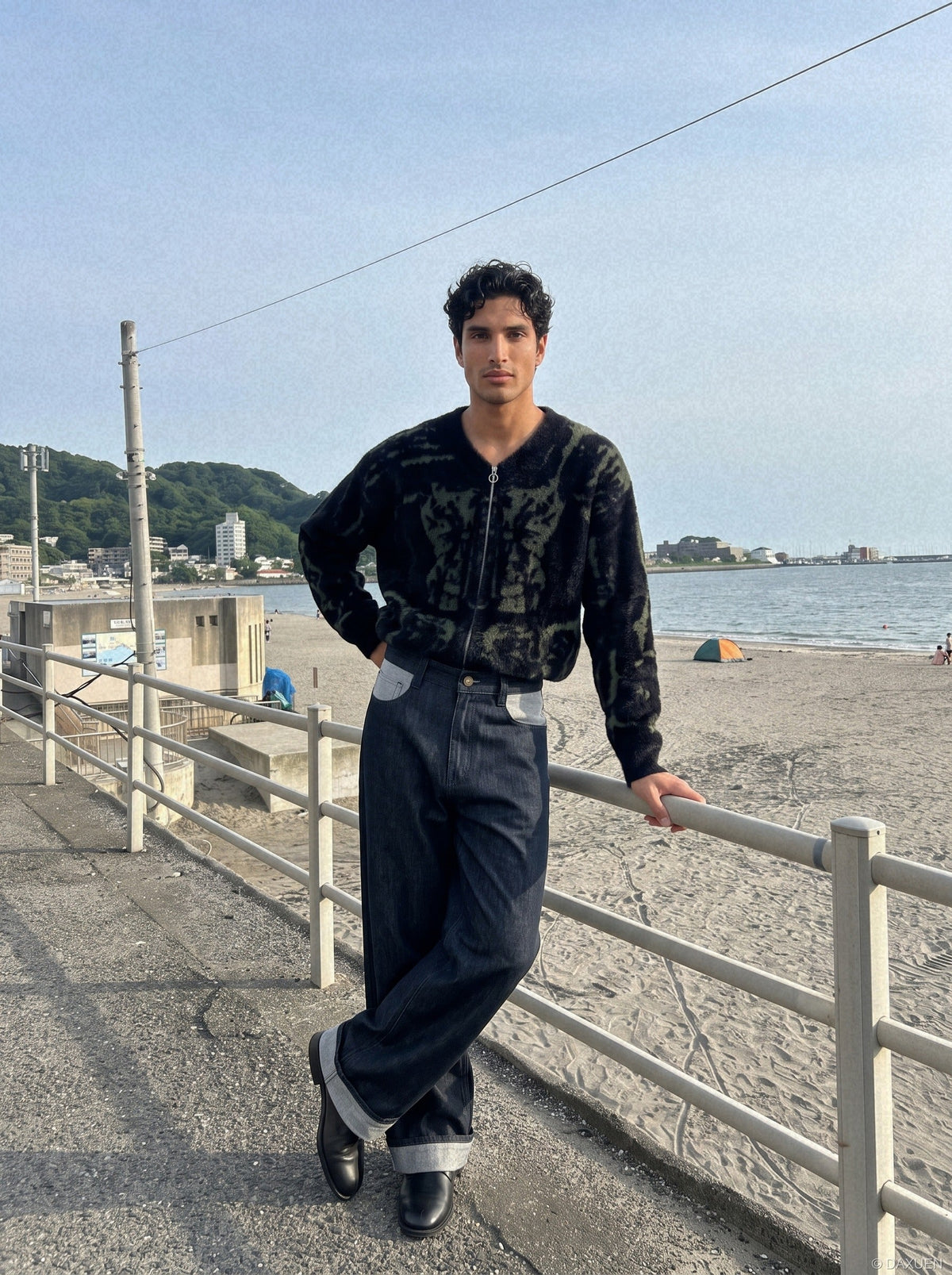 DAXUEN dark wash colour block wide-leg jeans — model photo
