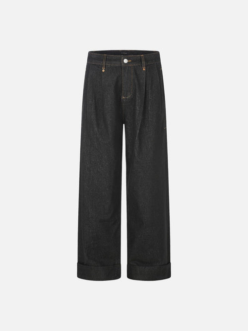 Dark Wash Wide-Leg Denim Trousers - Raw Black / S