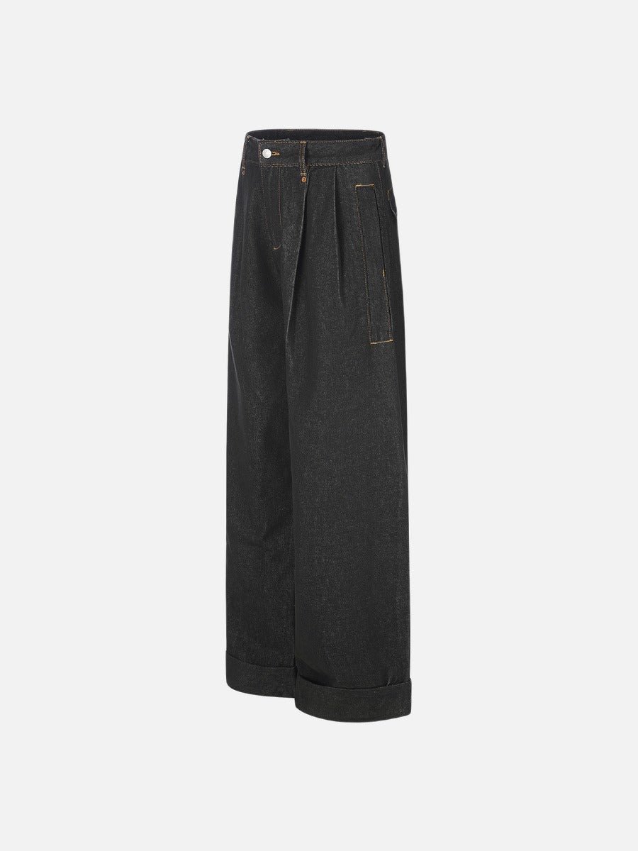 Dark Wash Wide-Leg Denim Trousers
