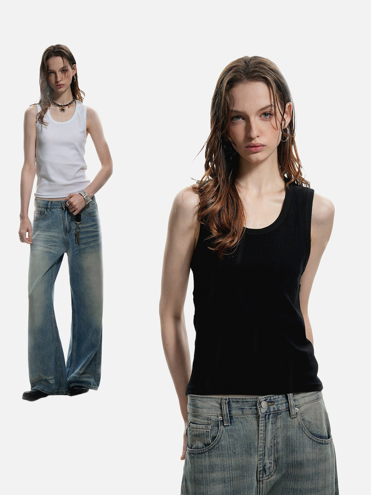 Deep U-Neck Ribbed Knit Tank Top