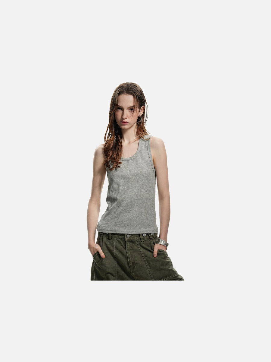 Deep U-Neck Ribbed Knit Tank Top