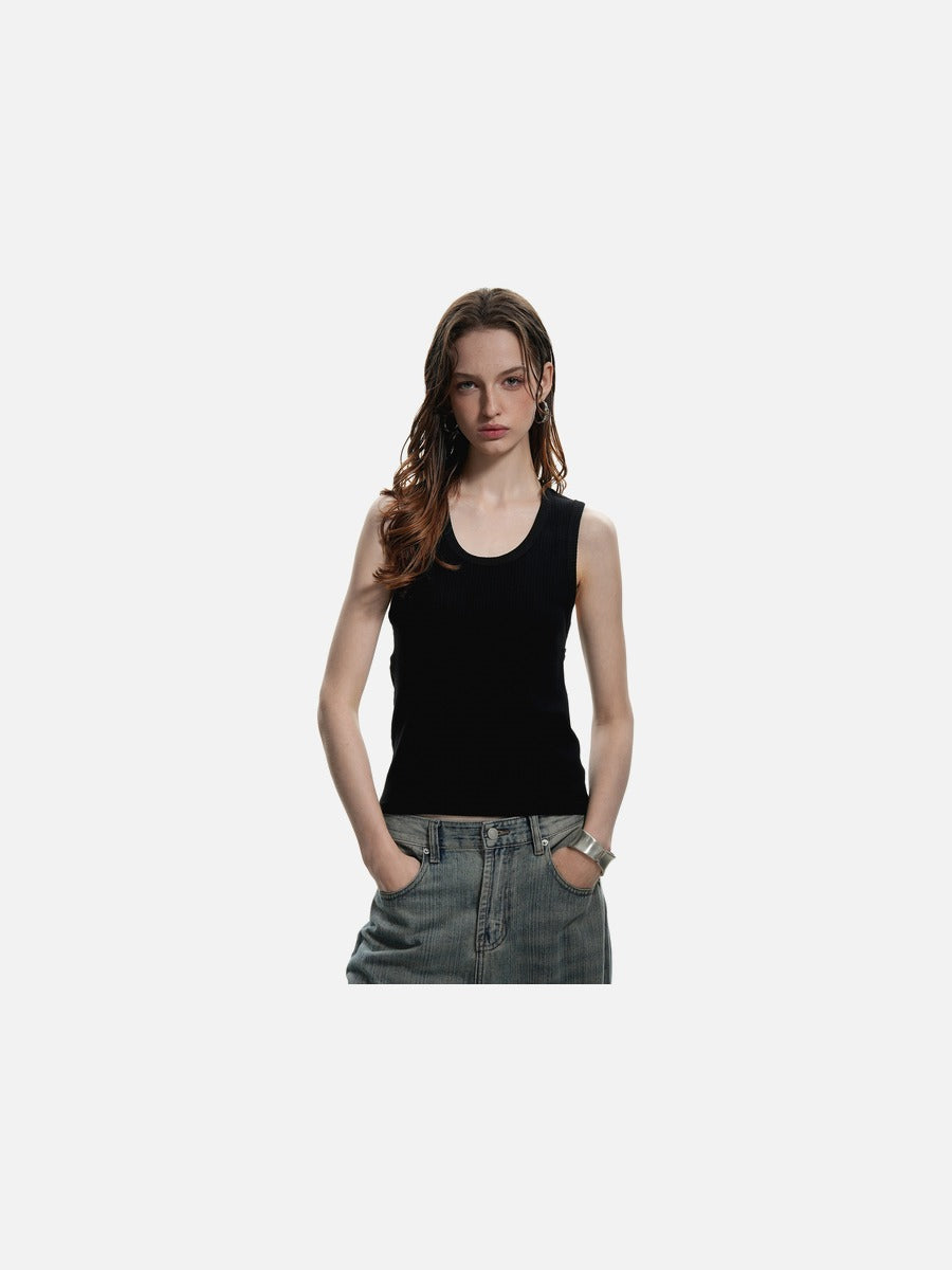 Deep U-Neck Ribbed Knit Tank Top