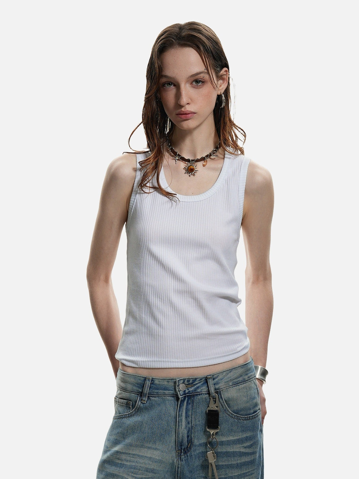Deep U-Neck Ribbed Knit Tank Top