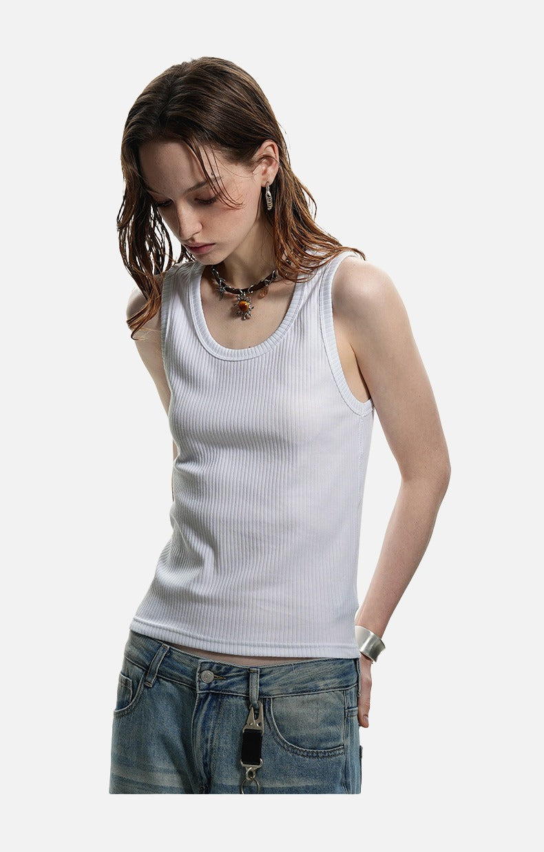 Deep U-Neck Ribbed Knit Tank Top