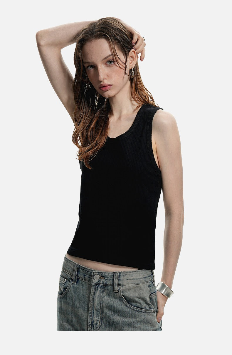 Deep U-Neck Ribbed Knit Tank Top