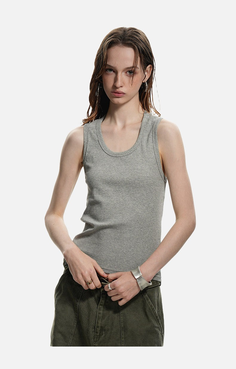 Deep U-Neck Ribbed Knit Tank Top