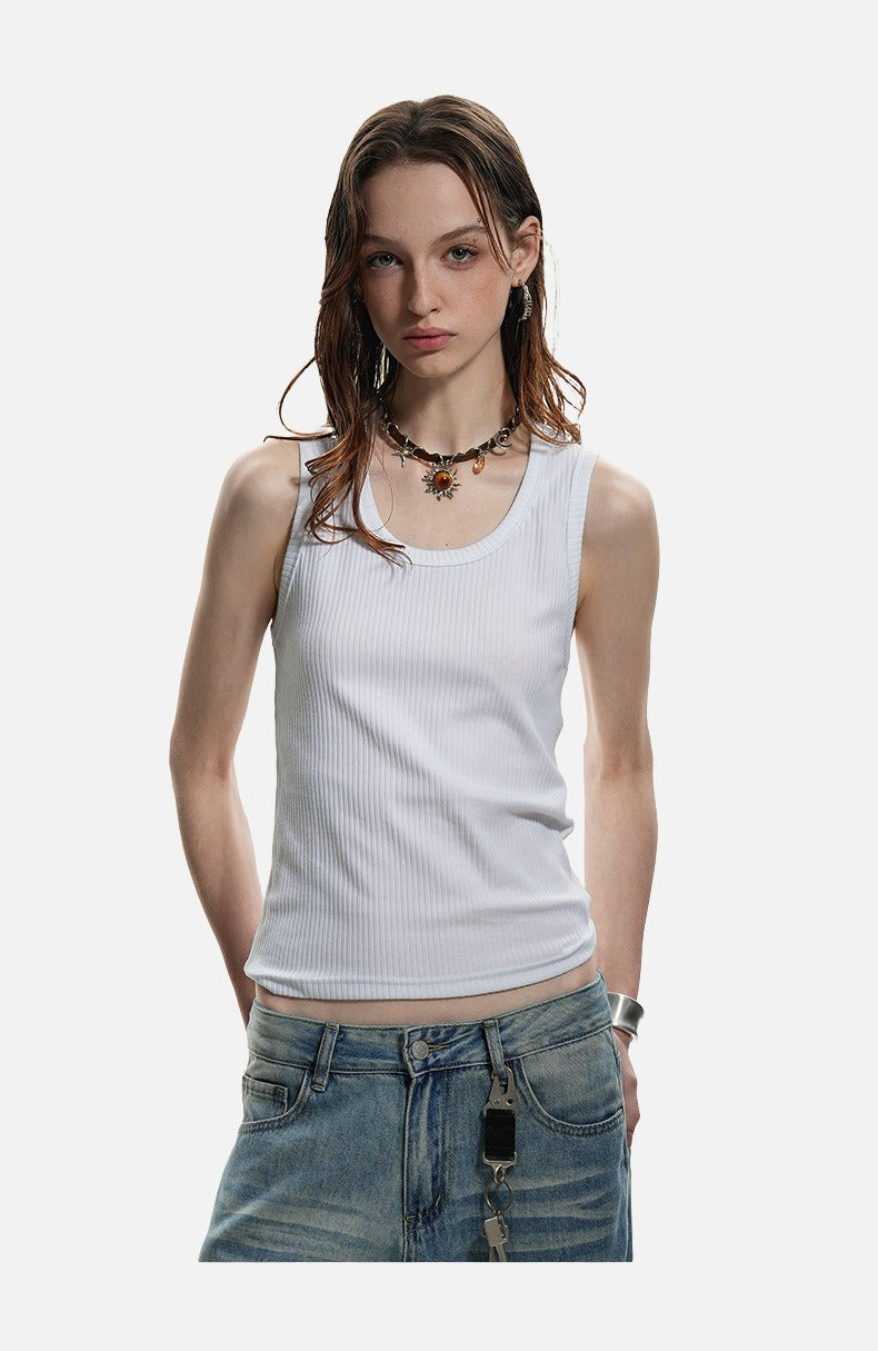 Deep U-Neck Ribbed Knit Tank Top