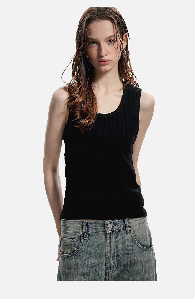 Deep U-Neck Ribbed Knit Tank Top