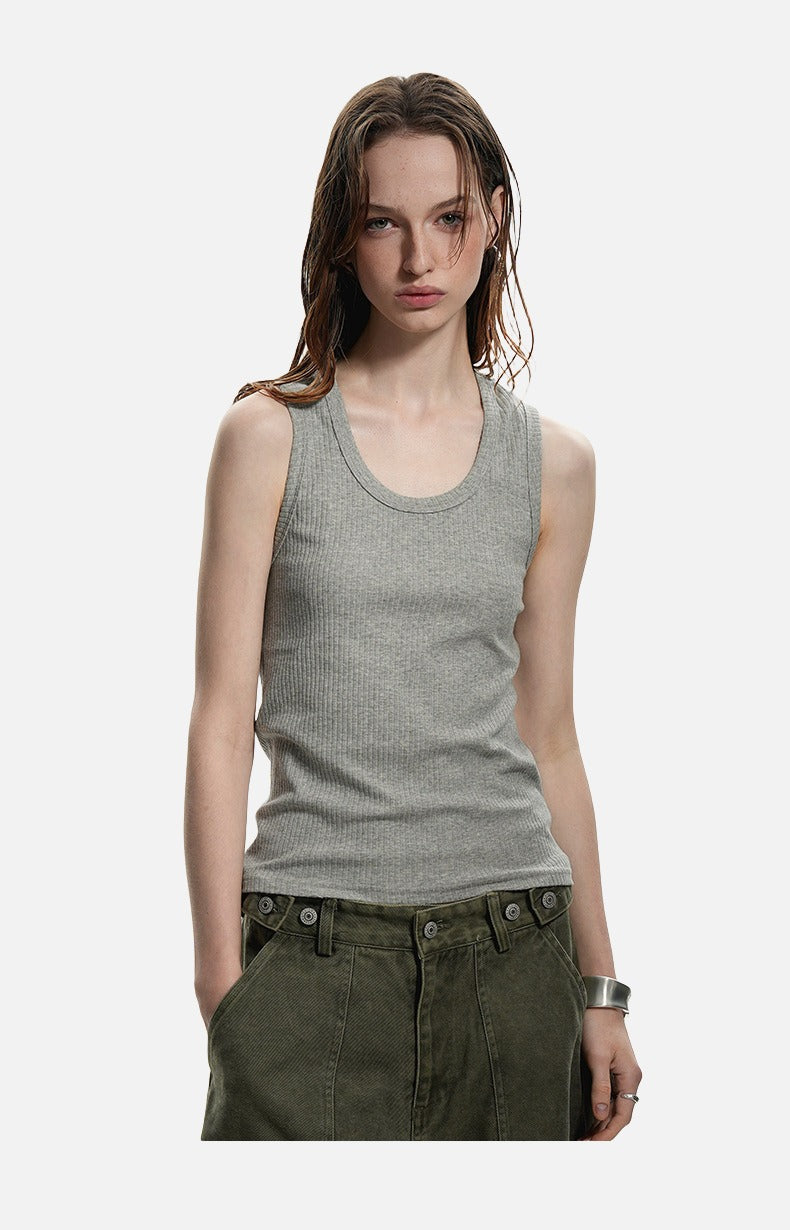 Deep U-Neck Ribbed Knit Tank Top