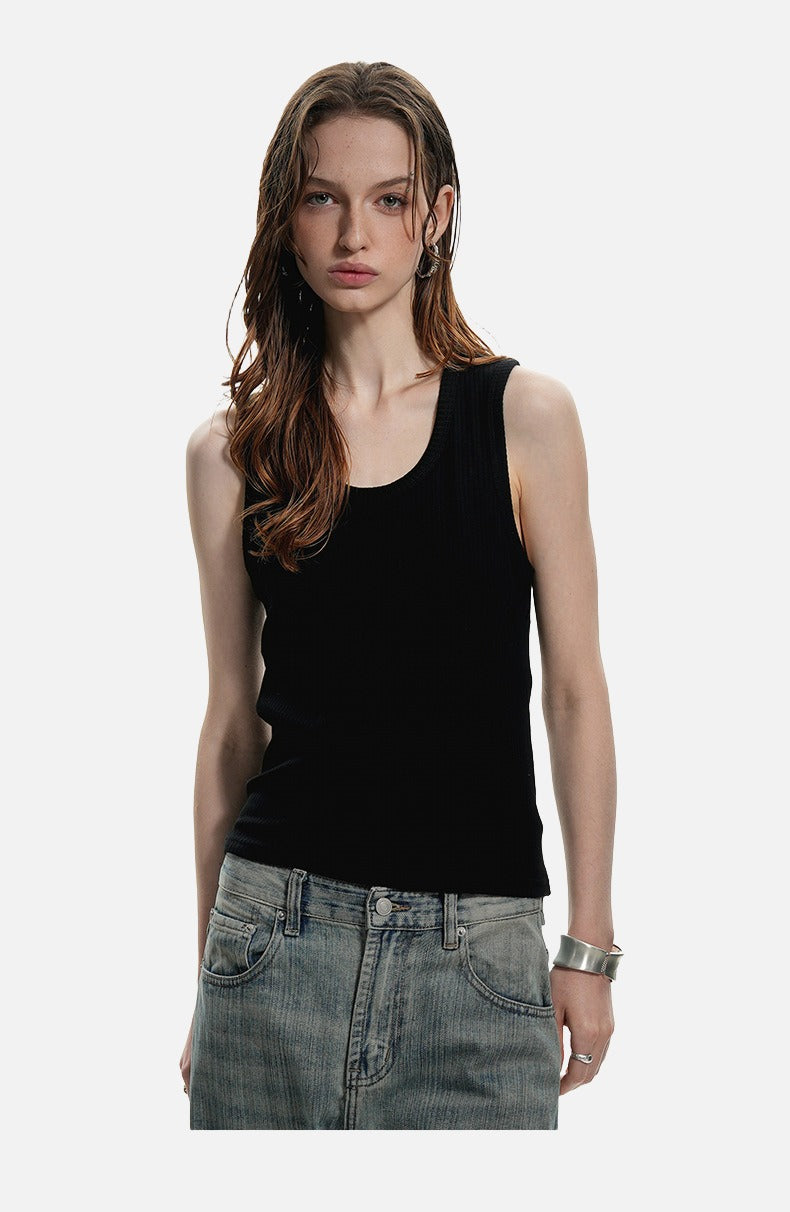 Deep U-Neck Ribbed Knit Tank Top