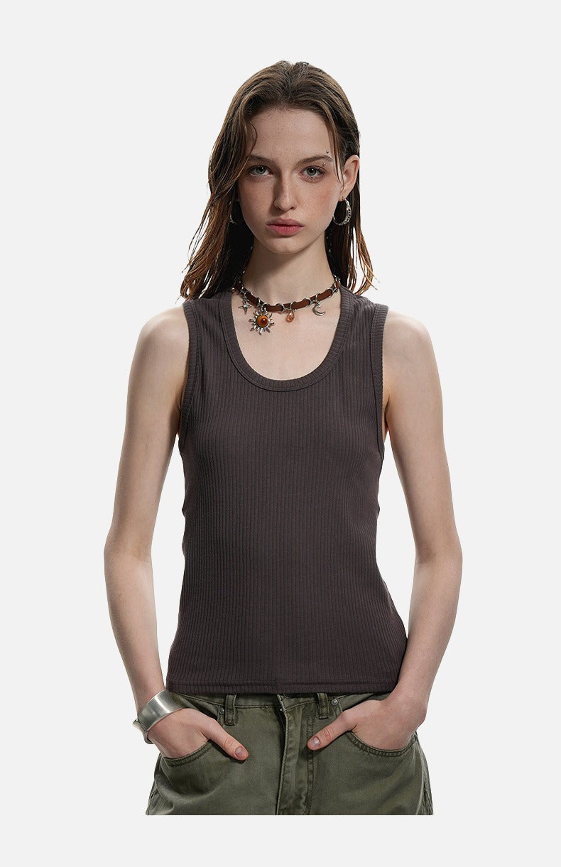 Deep U-Neck Ribbed Knit Tank Top