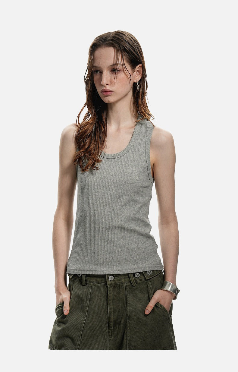 Deep U-Neck Ribbed Knit Tank Top