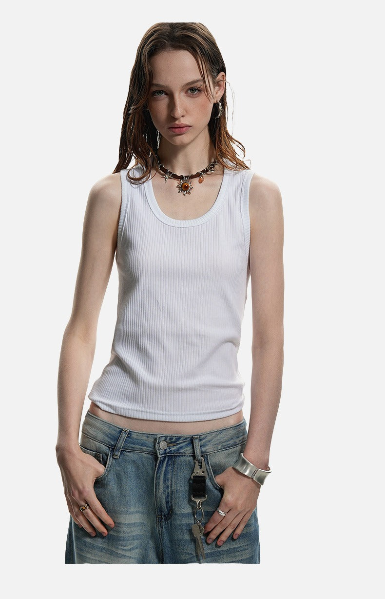 Deep U-Neck Ribbed Knit Tank Top