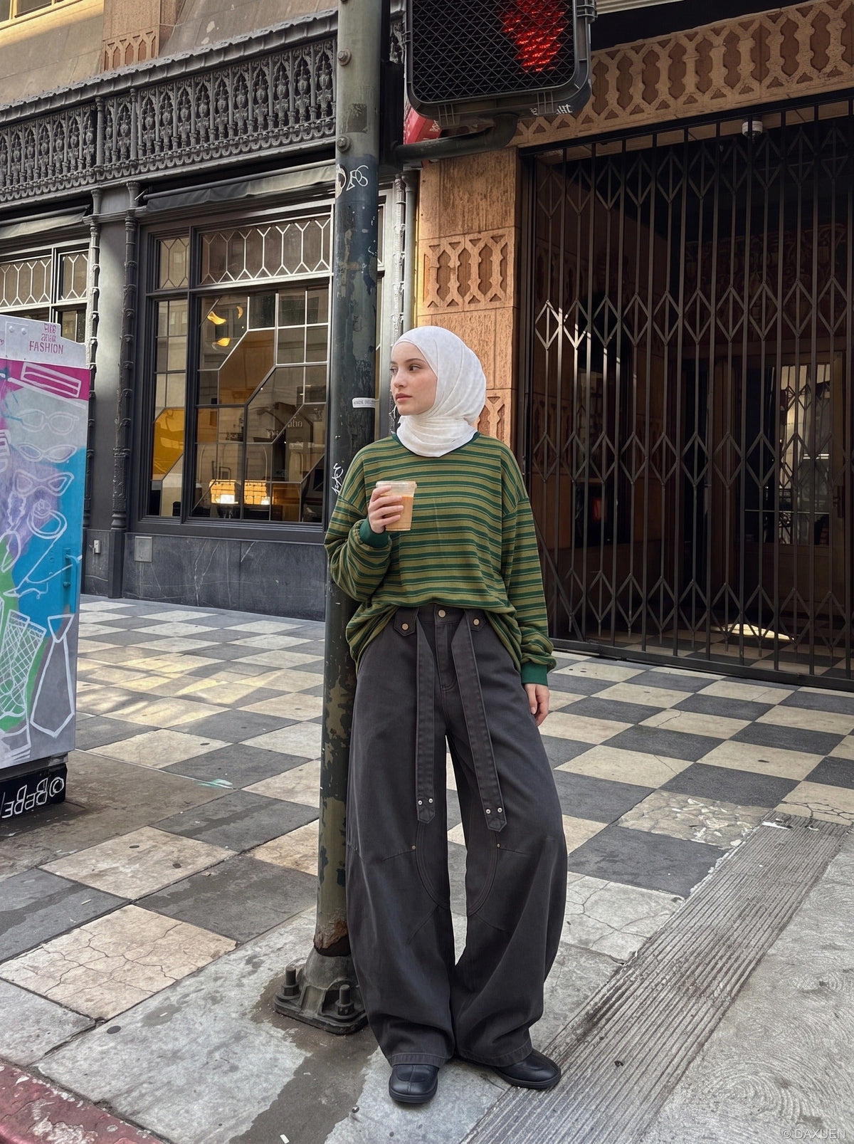 DAXUEN charcoal grey wide-leg curved panel pants — model photo