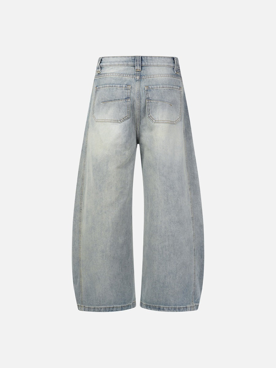 Distressed Barrel-Leg Denim Jeans