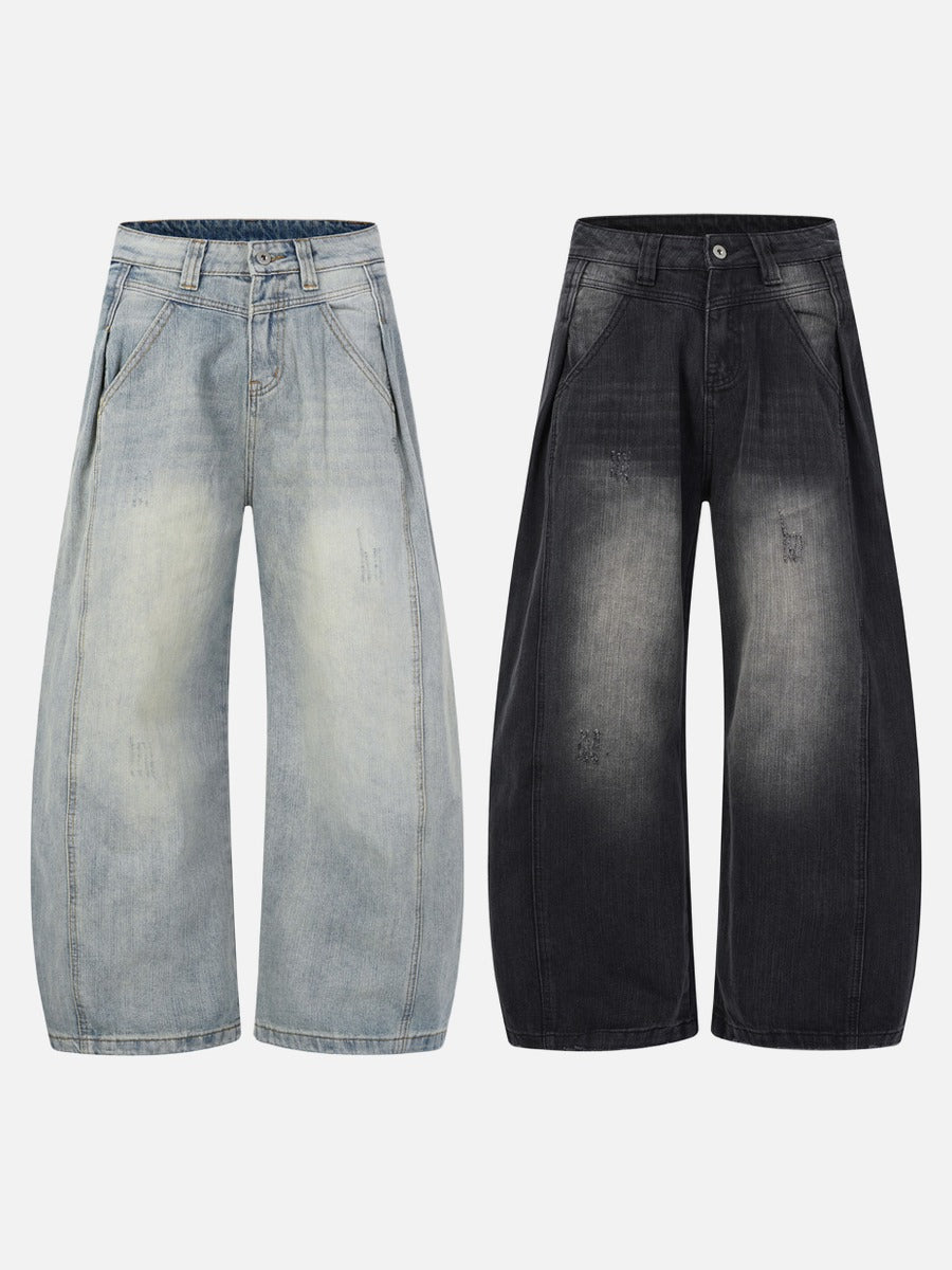 Distressed Barrel-Leg Denim Jeans