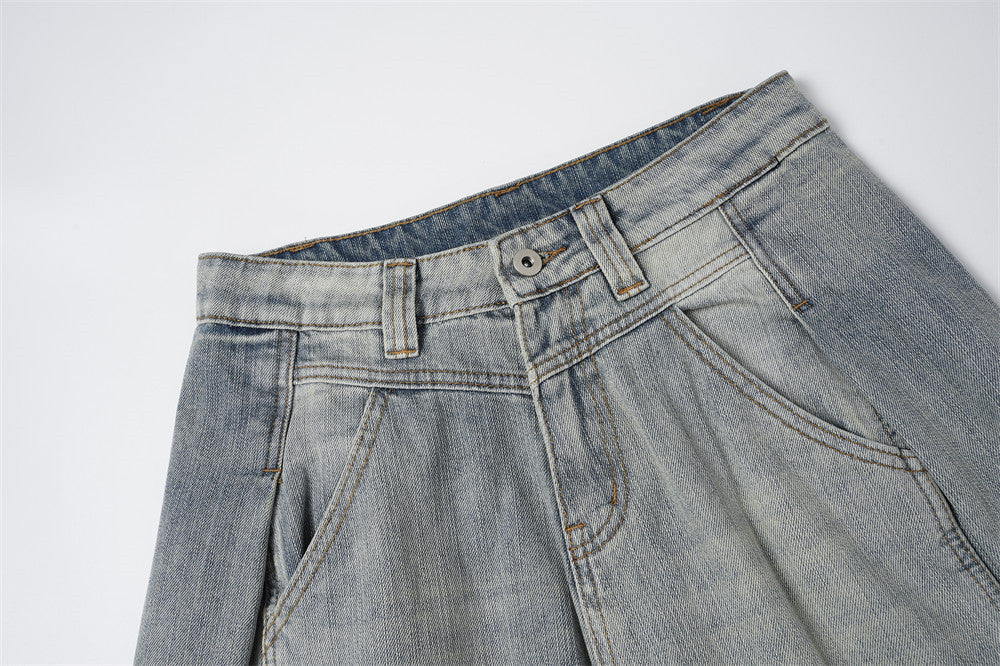 Distressed Barrel-Leg Denim Jeans