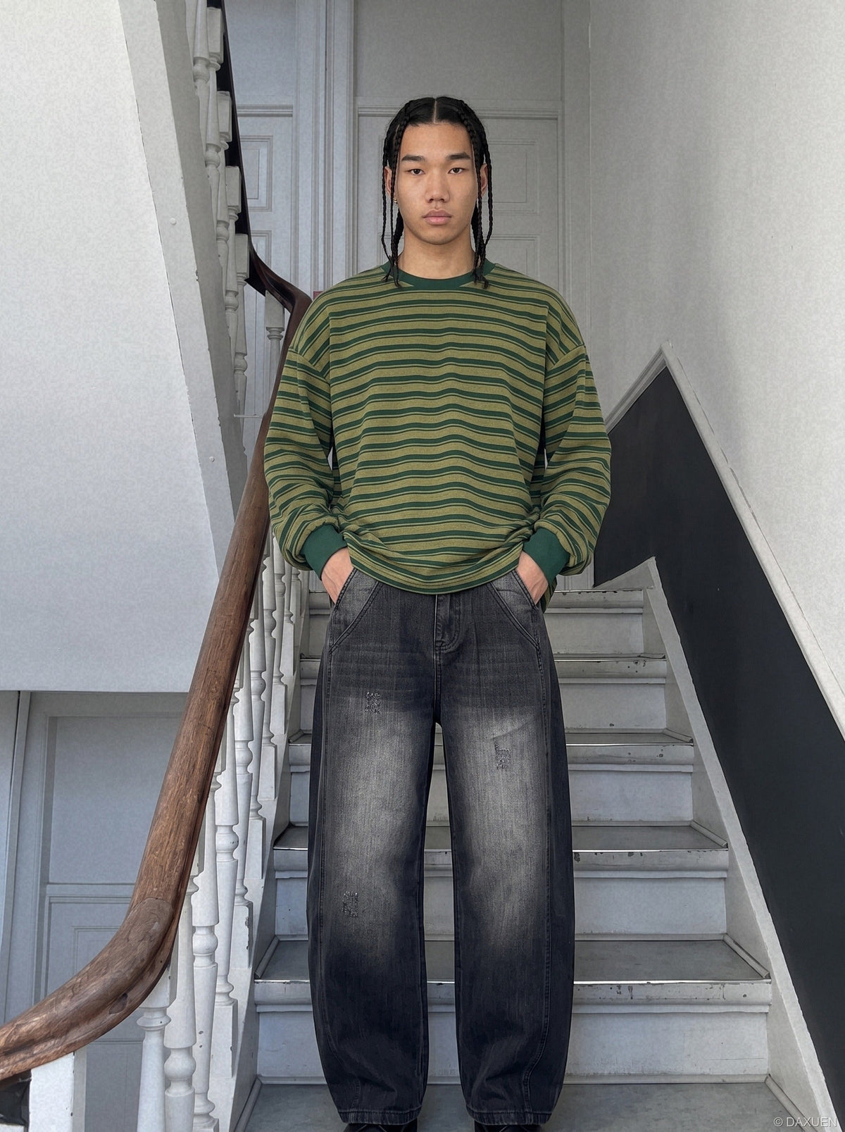 Distressed Barrel-Leg Denim Jeans