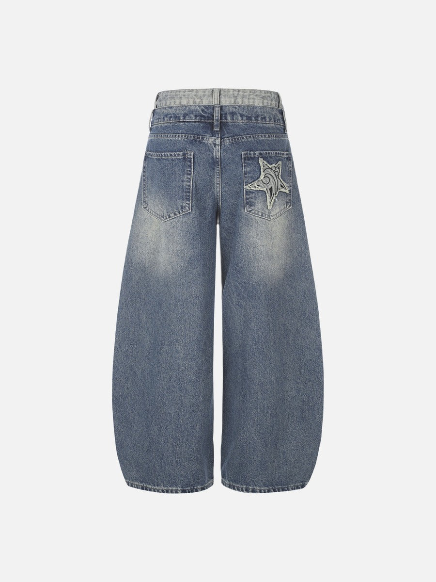 Distressed Barrel Denim Jeans with Stars