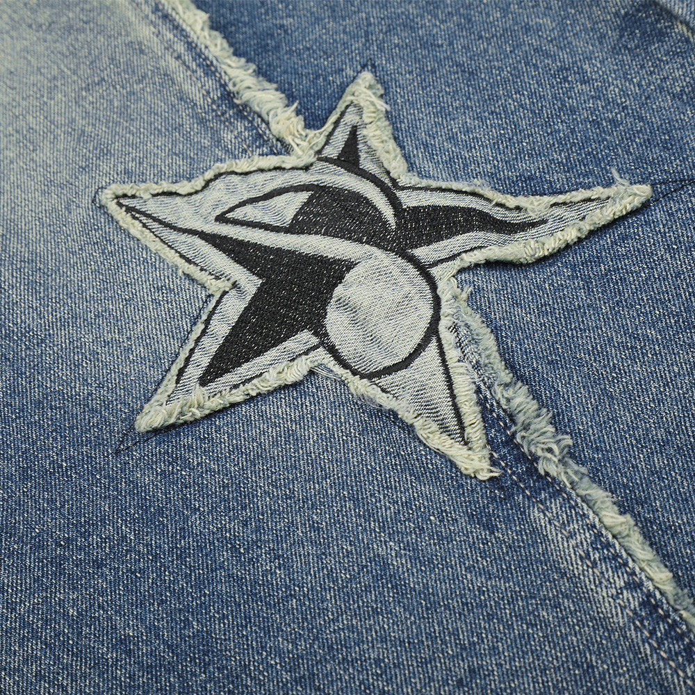Distressed Barrel Denim Jeans with Stars