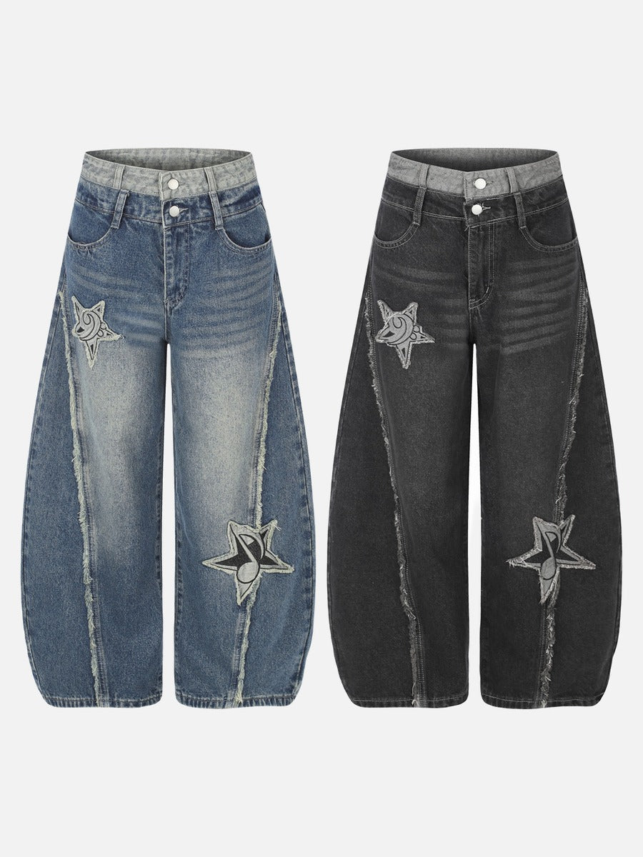 Distressed Barrel Denim Jeans with Stars