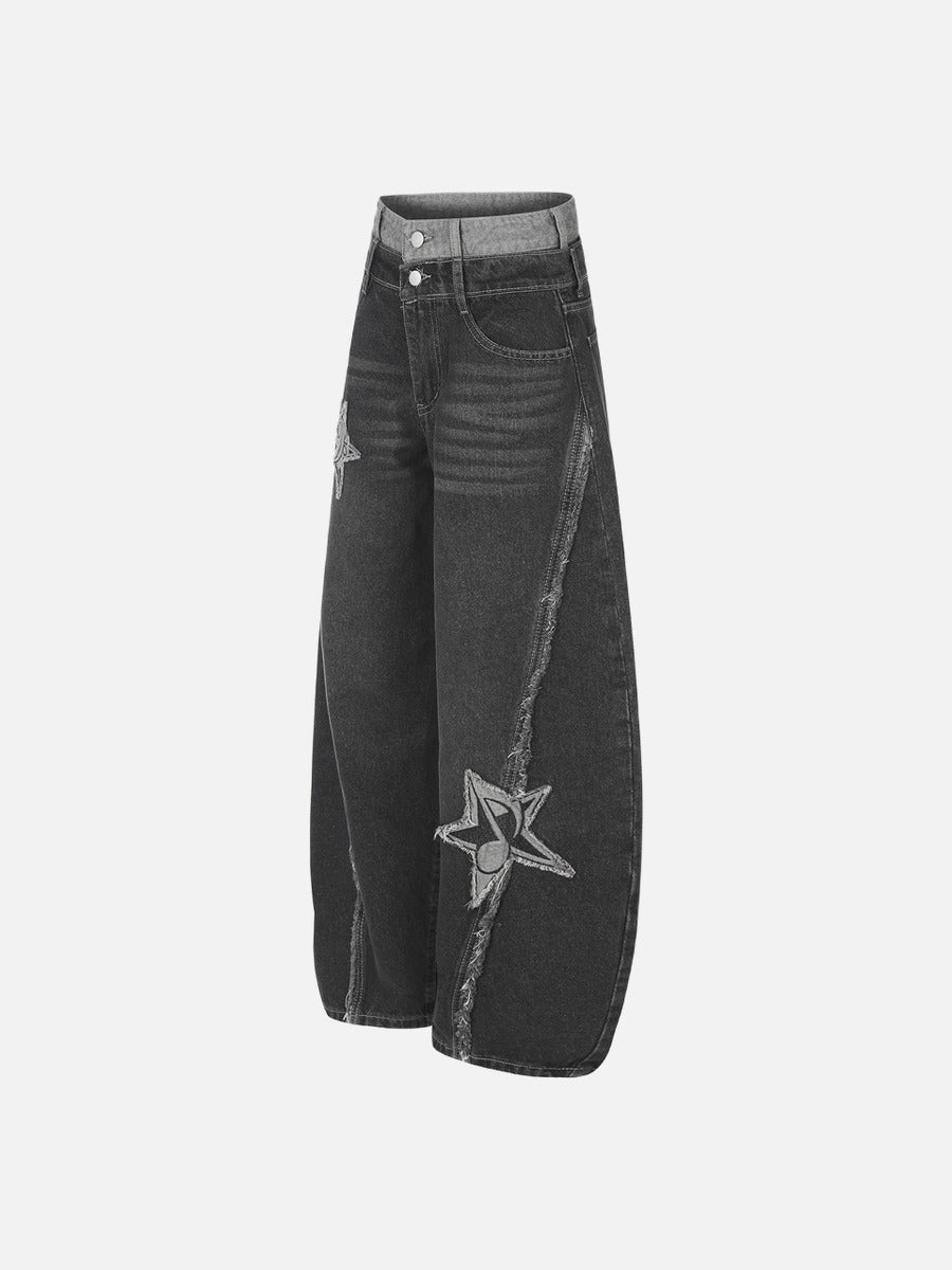 Distressed Barrel Denim Jeans with Stars
