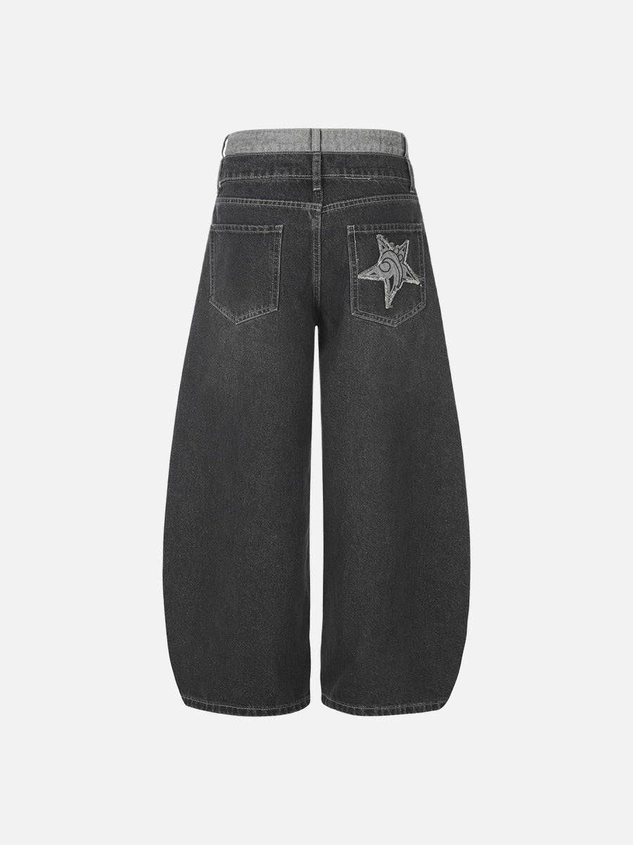 Distressed Barrel Denim Jeans with Stars