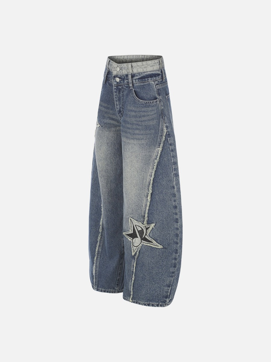 Distressed Barrel Denim Jeans with Stars