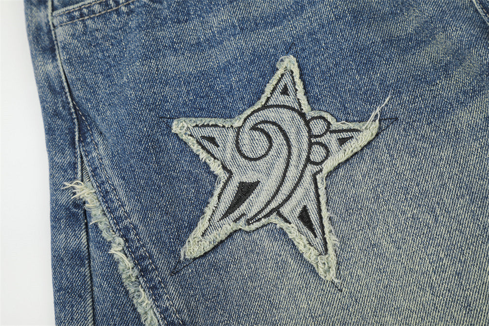 Distressed Barrel Denim Jeans with Stars